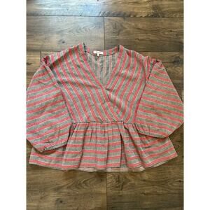 Madewell Red and Gray Stripe Wrap Bubble Long Sleeve Blouse Top Sz XL